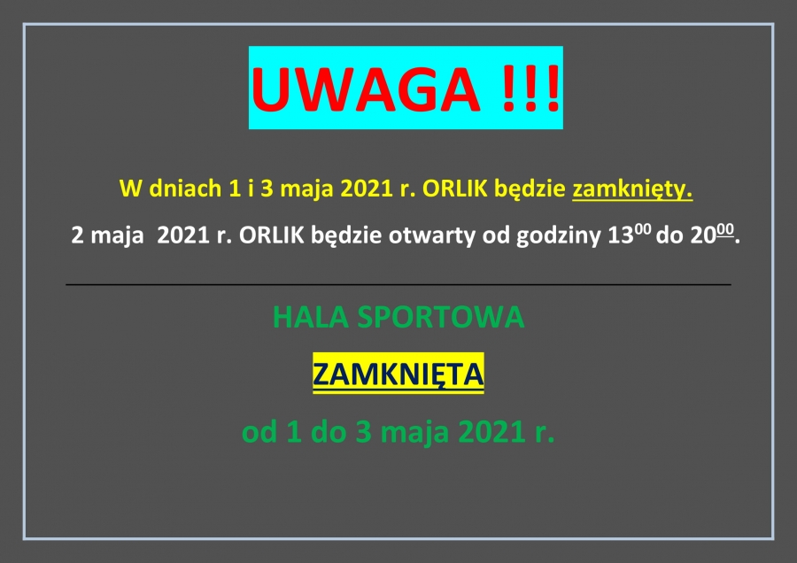 Hala zamknięta od 1 do 3 maja 2021 roku
