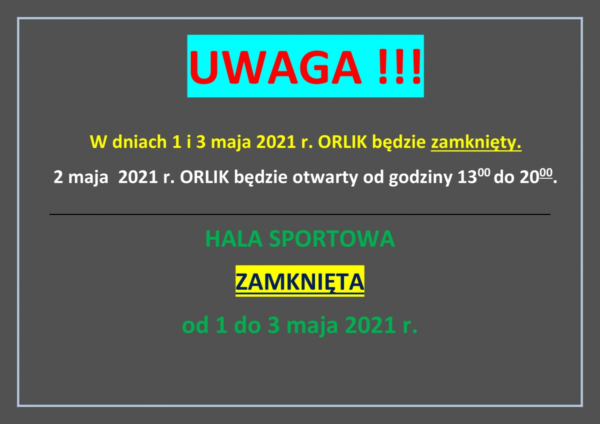 Hala zamknięta od 1 do 3 maja 2021 roku