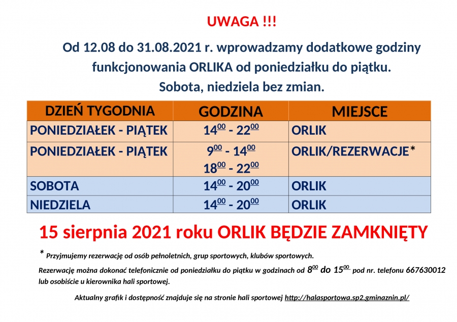 Nowe godziny ORLIKA