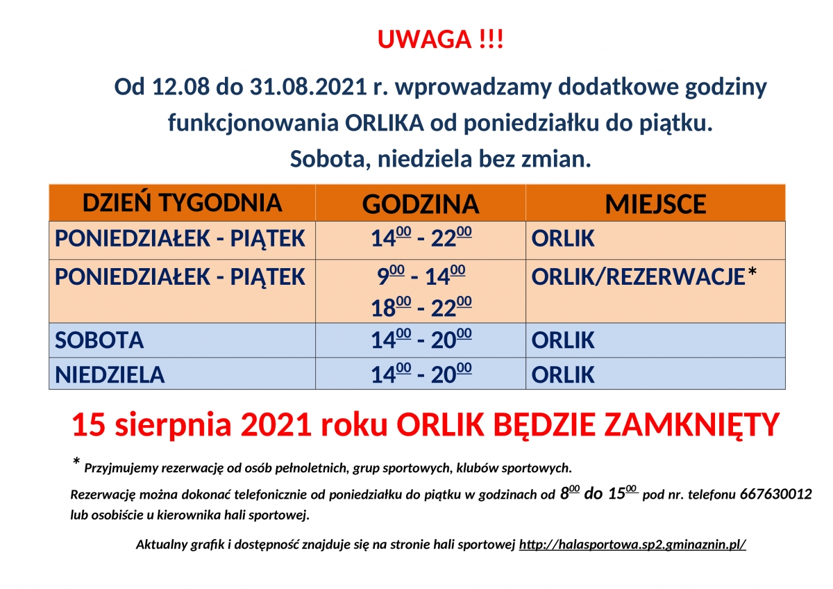 Nowe godziny ORLIKA